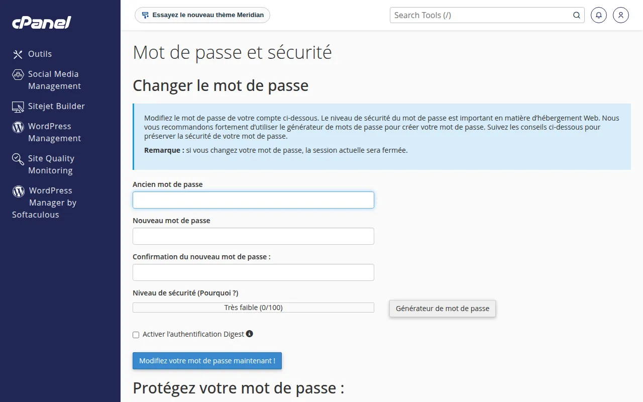 Interface de l'outil Mot de passe et sécurité dans cPanel