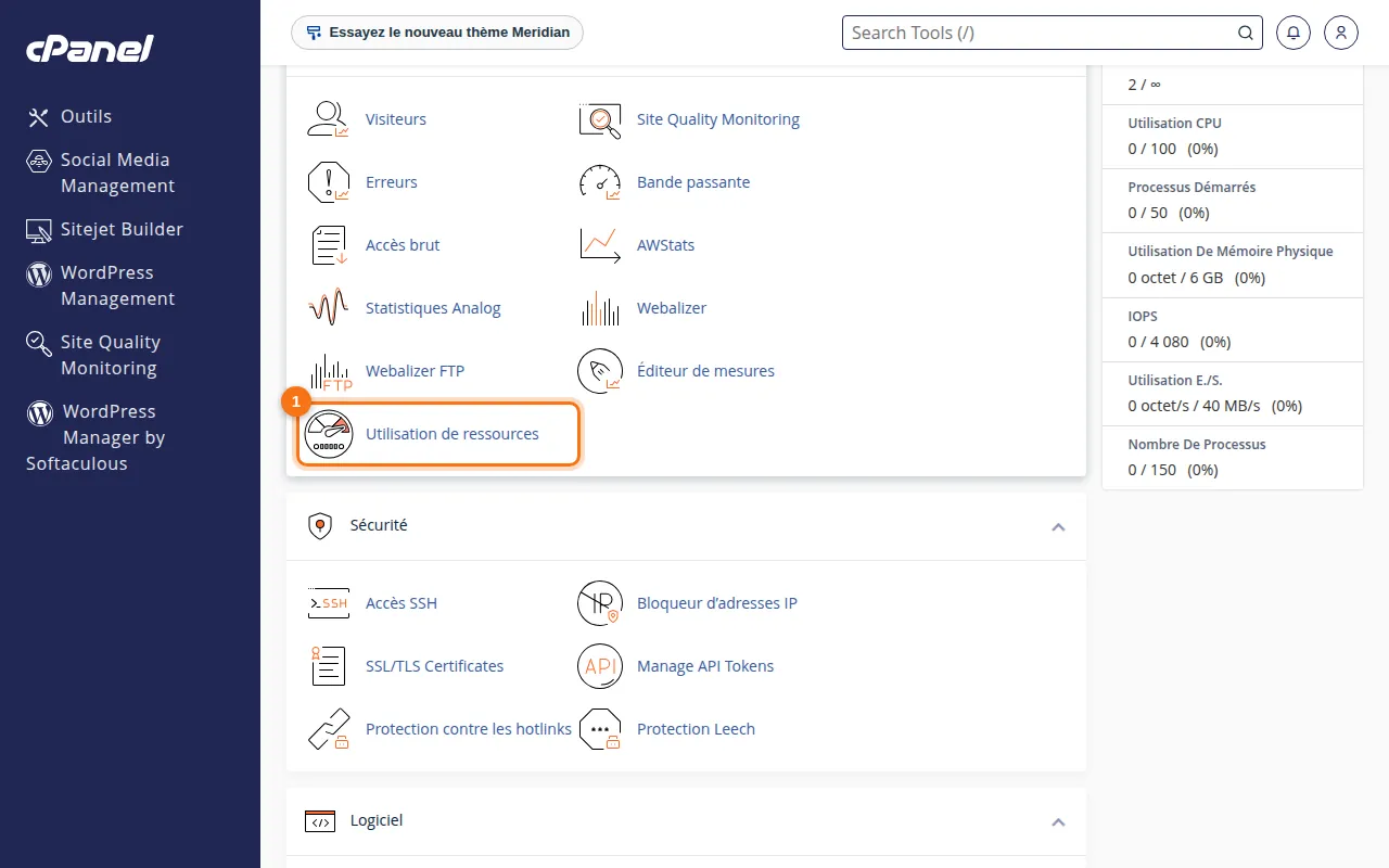 Emplacement de l'outil Utilisation de ressources dans cPanel