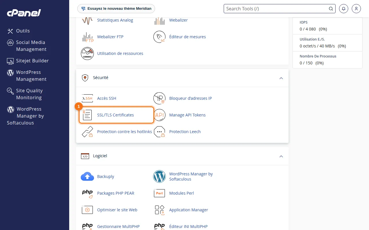 Emplacement de l'outil SSL/TLS Certificates dans cPanel
