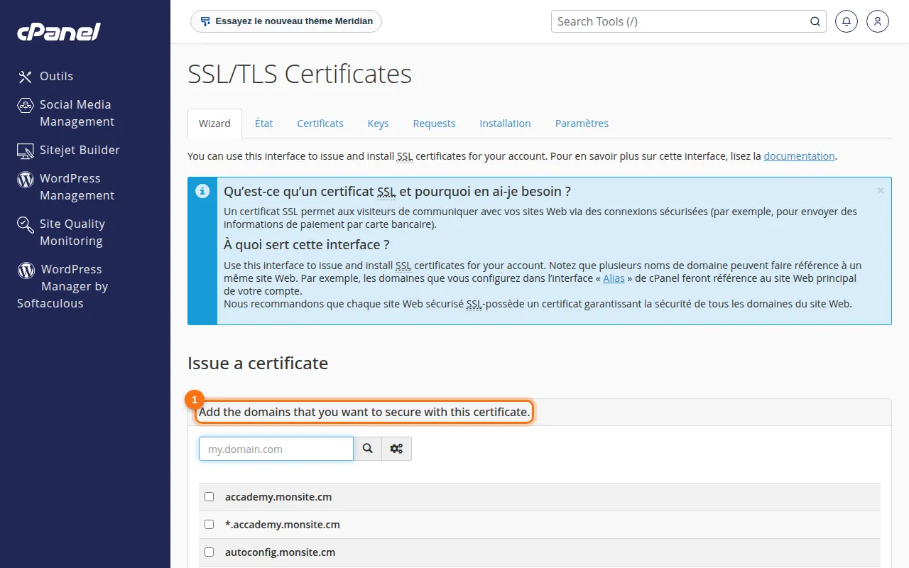 Interface de l'outil SSL/TLS Certificates dans cPanel