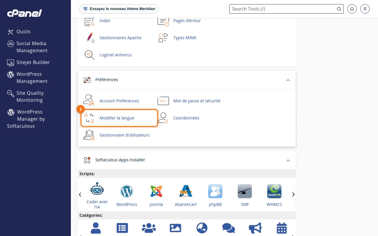 Emplacement de l'outil Modifier la langue dans cPanel