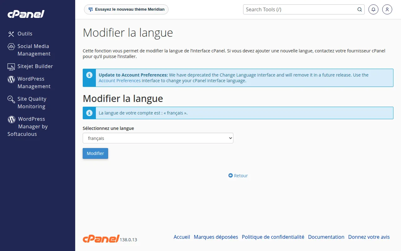 Interface de l'outil Modifier la langue dans cPanel