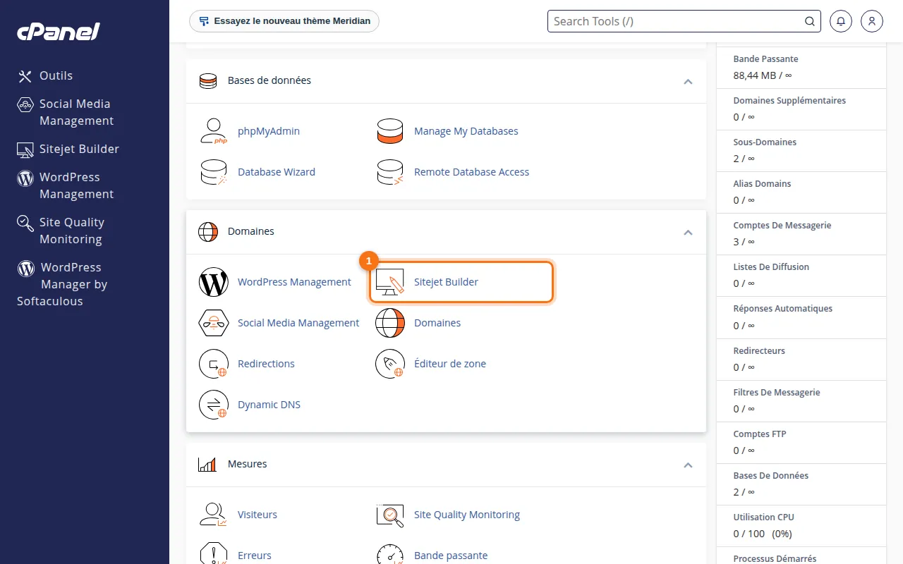 Emplacement de l'outil Sitejet Builder dans cPanel