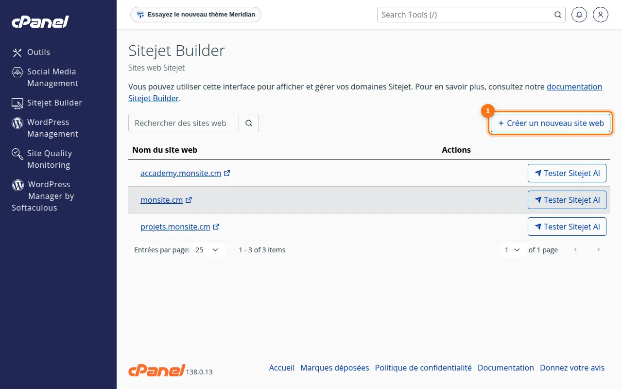 Interface de l'outil Sitejet Builder dans cPanel