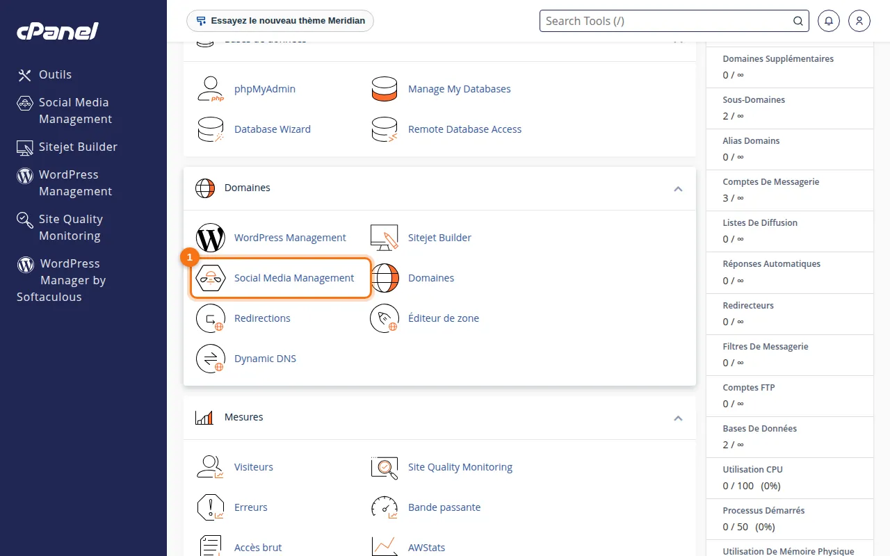 Emplacement de l'outil Social Media Management dans cPanel