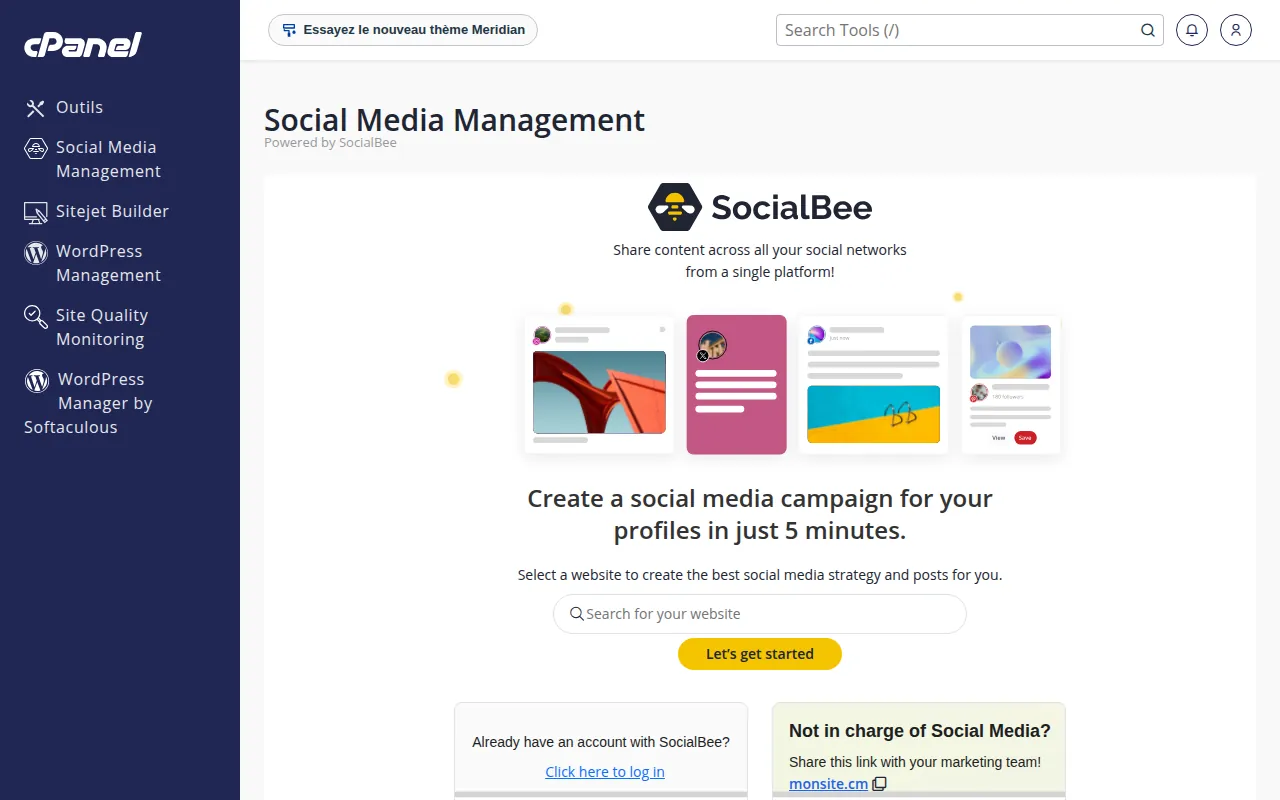 Interface de l'outil Social Media Management dans cPanel