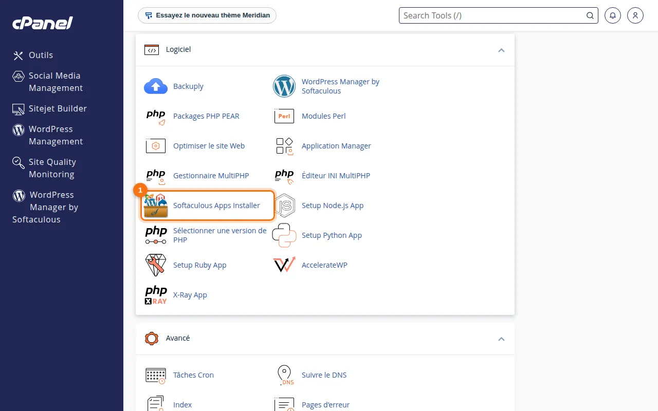 Emplacement de l'outil Softaculous Apps Installer dans cPanel