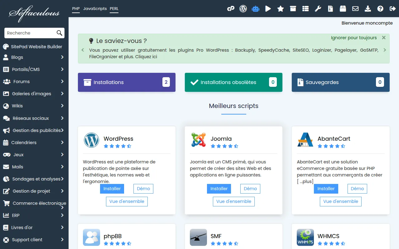 Interface de l'outil Softaculous Apps Installer dans cPanel