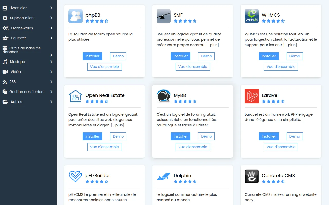 Suite de l'écran Softaculous Apps Installer