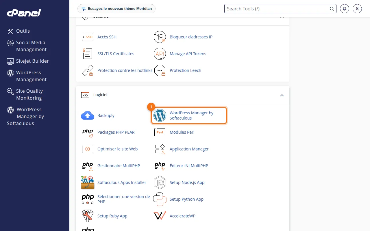 Emplacement de l'outil WordPress Manager by Softaculous dans cPanel