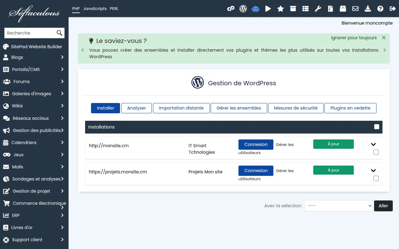 Interface de l'outil WordPress Manager by Softaculous dans cPanel