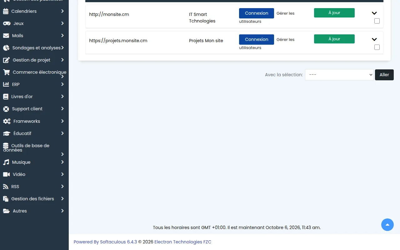 Suite de l'écran WordPress Manager by Softaculous