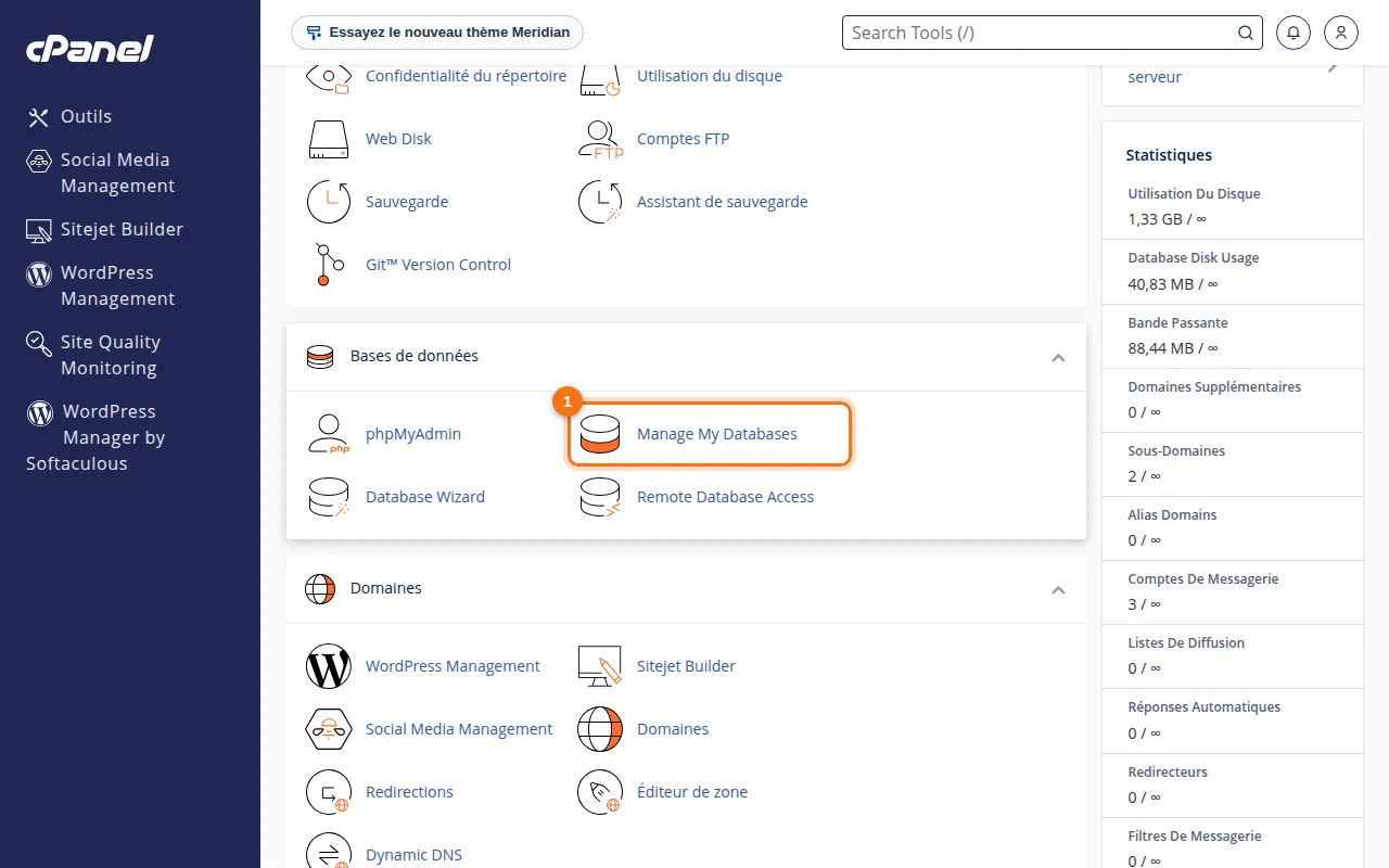 Emplacement de l'outil Manage My Databases dans cPanel