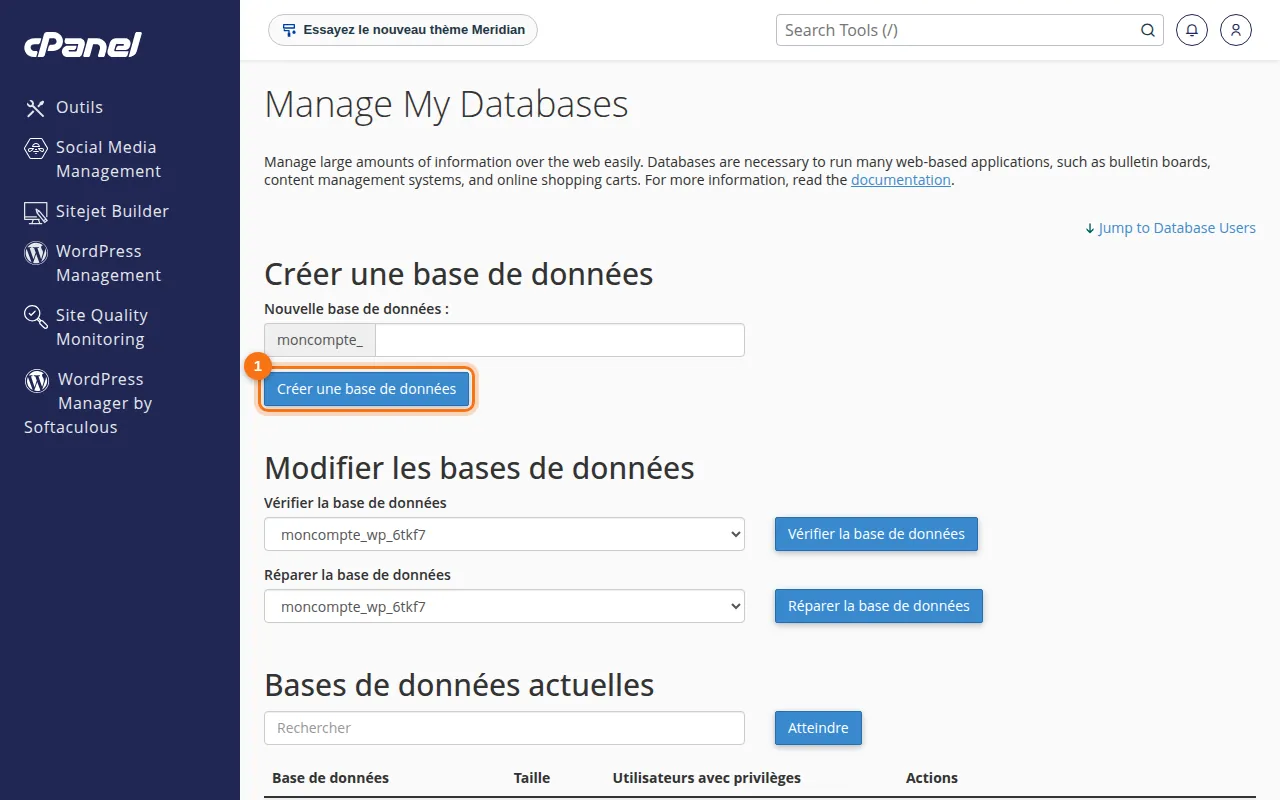 Interface de l'outil Manage My Databases dans cPanel