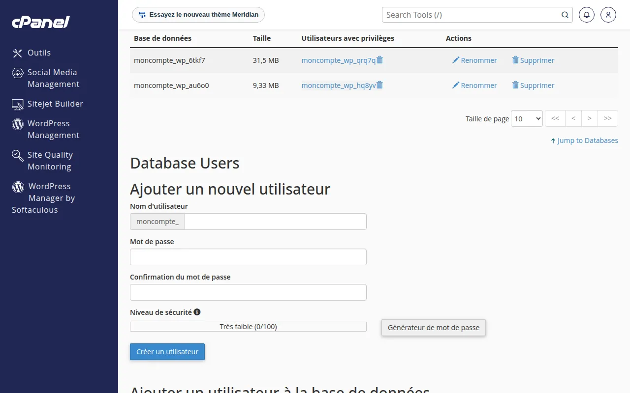 Suite de l'écran Manage My Databases