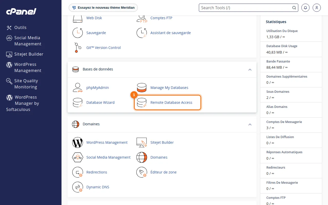 Emplacement de l'outil Remote Database Access dans cPanel