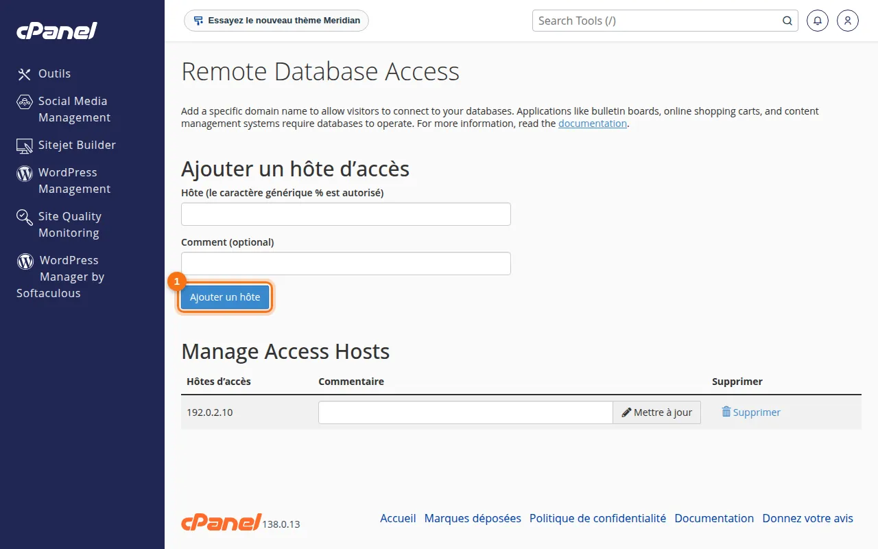 Interface de l'outil Remote Database Access dans cPanel