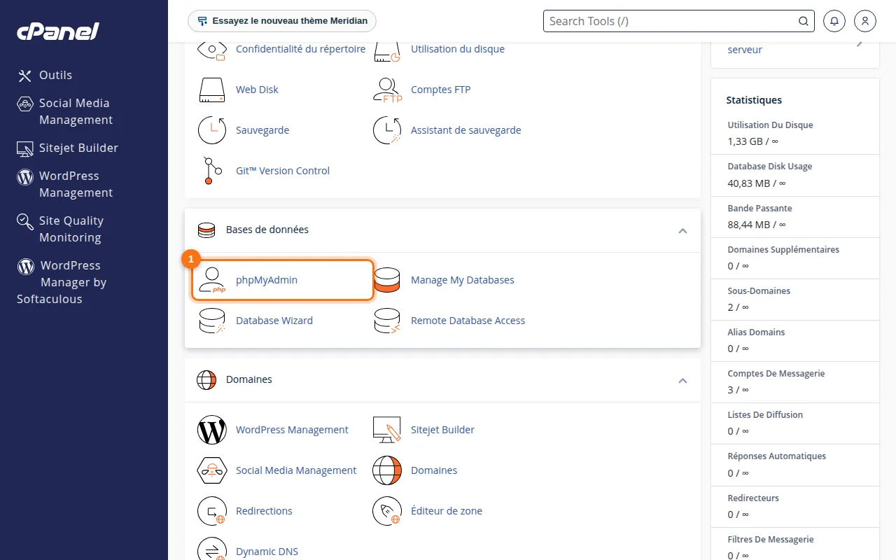 Emplacement de l'outil phpMyAdmin dans cPanel