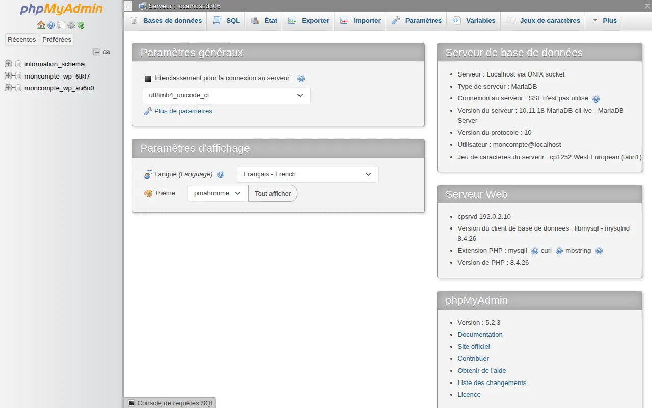 Interface de l'outil phpMyAdmin dans cPanel
