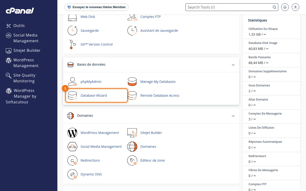 Emplacement de l'outil Database Wizard dans cPanel