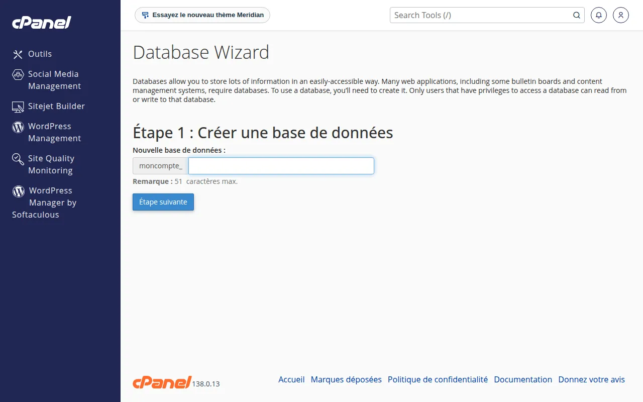Interface de l'outil Database Wizard dans cPanel