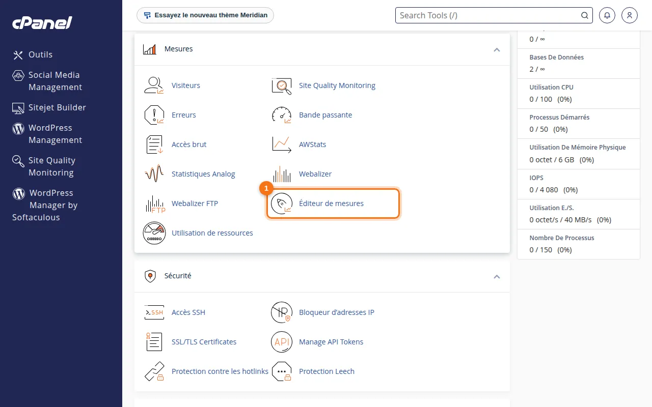 Emplacement de l'outil Éditeur de mesures dans cPanel