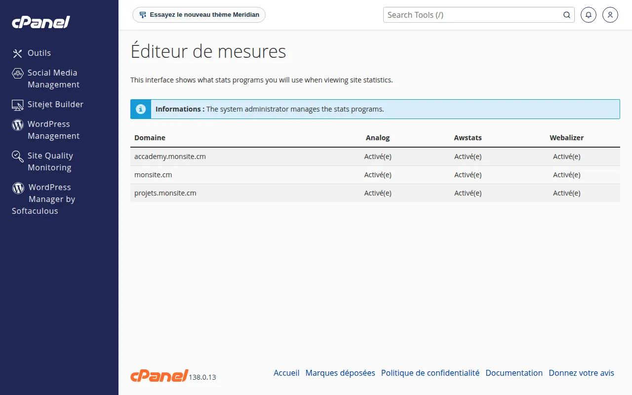 Interface de l'outil Éditeur de mesures dans cPanel
