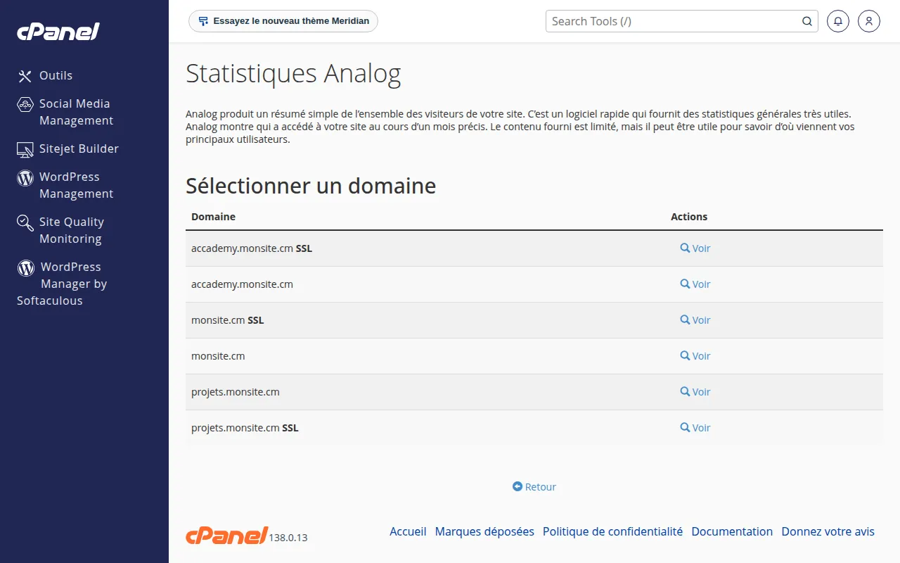 Interface de l'outil Statistiques Analog dans cPanel