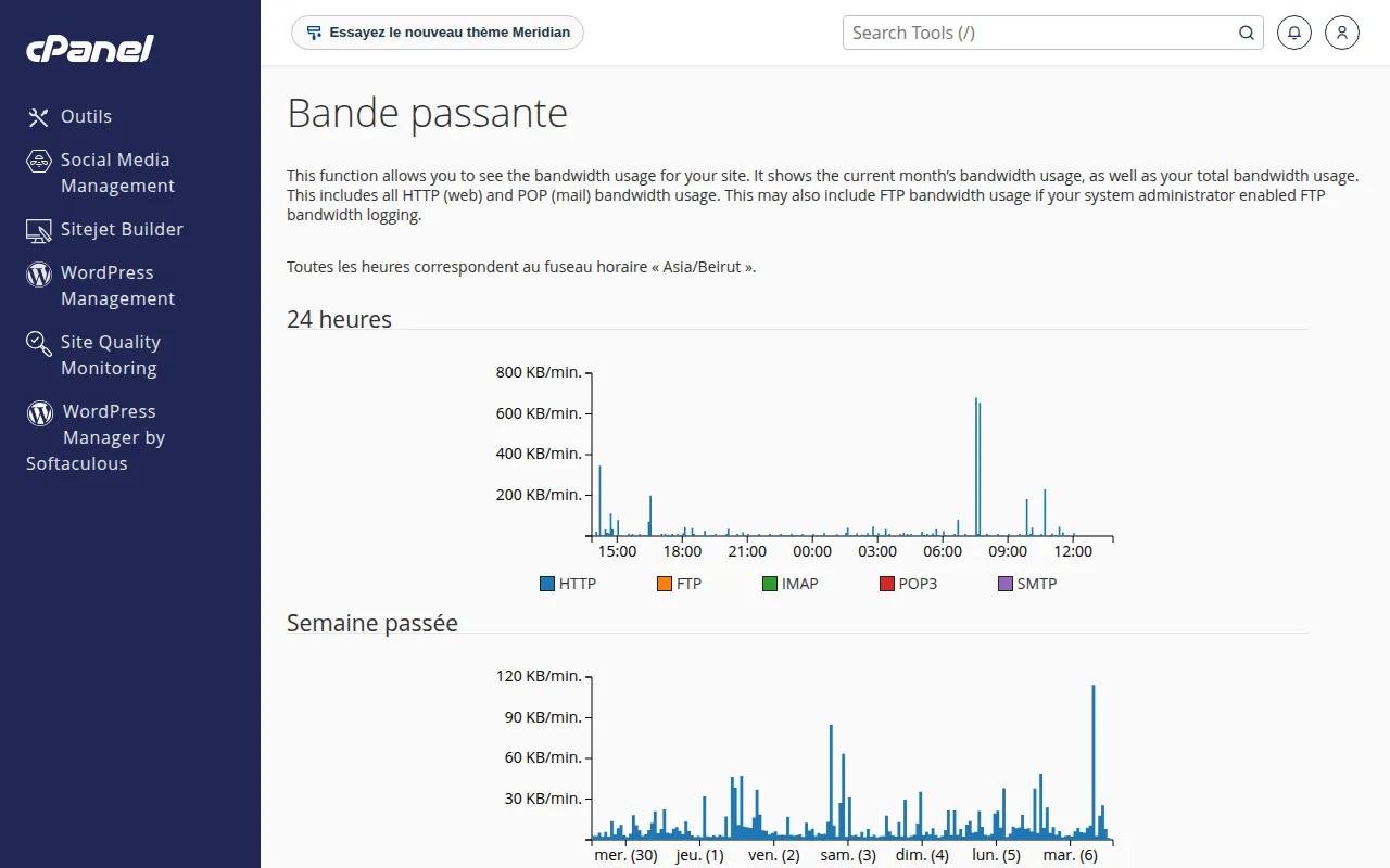 Interface de l'outil Bande passante dans cPanel