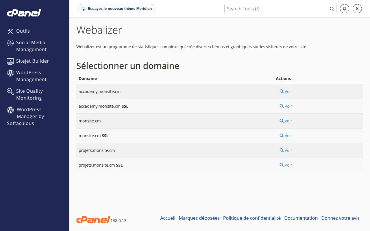 Interface de l'outil Webalizer dans cPanel