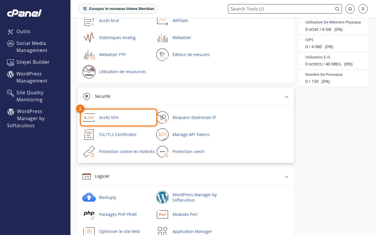 cPanel, section Sécurité : Accès SSH