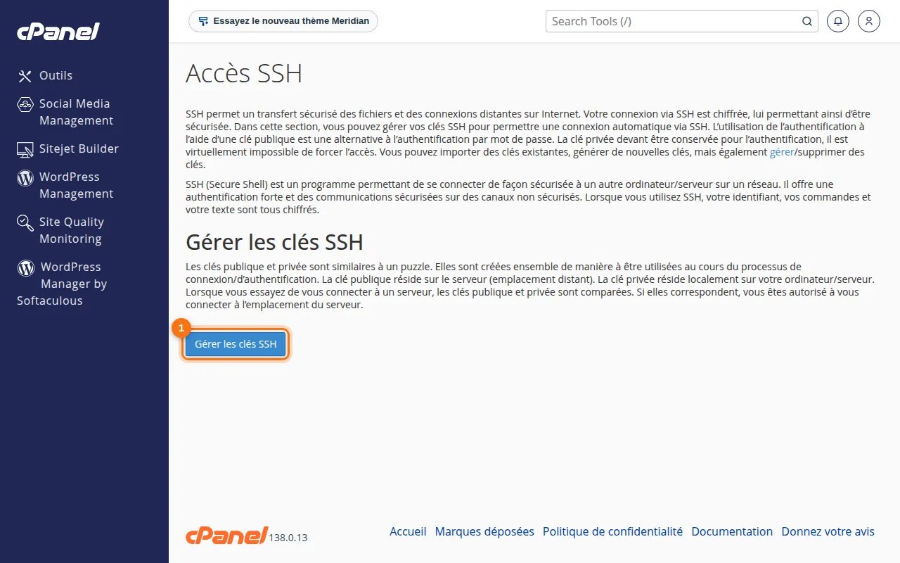 Interface de l'outil Accès SSH dans cPanel