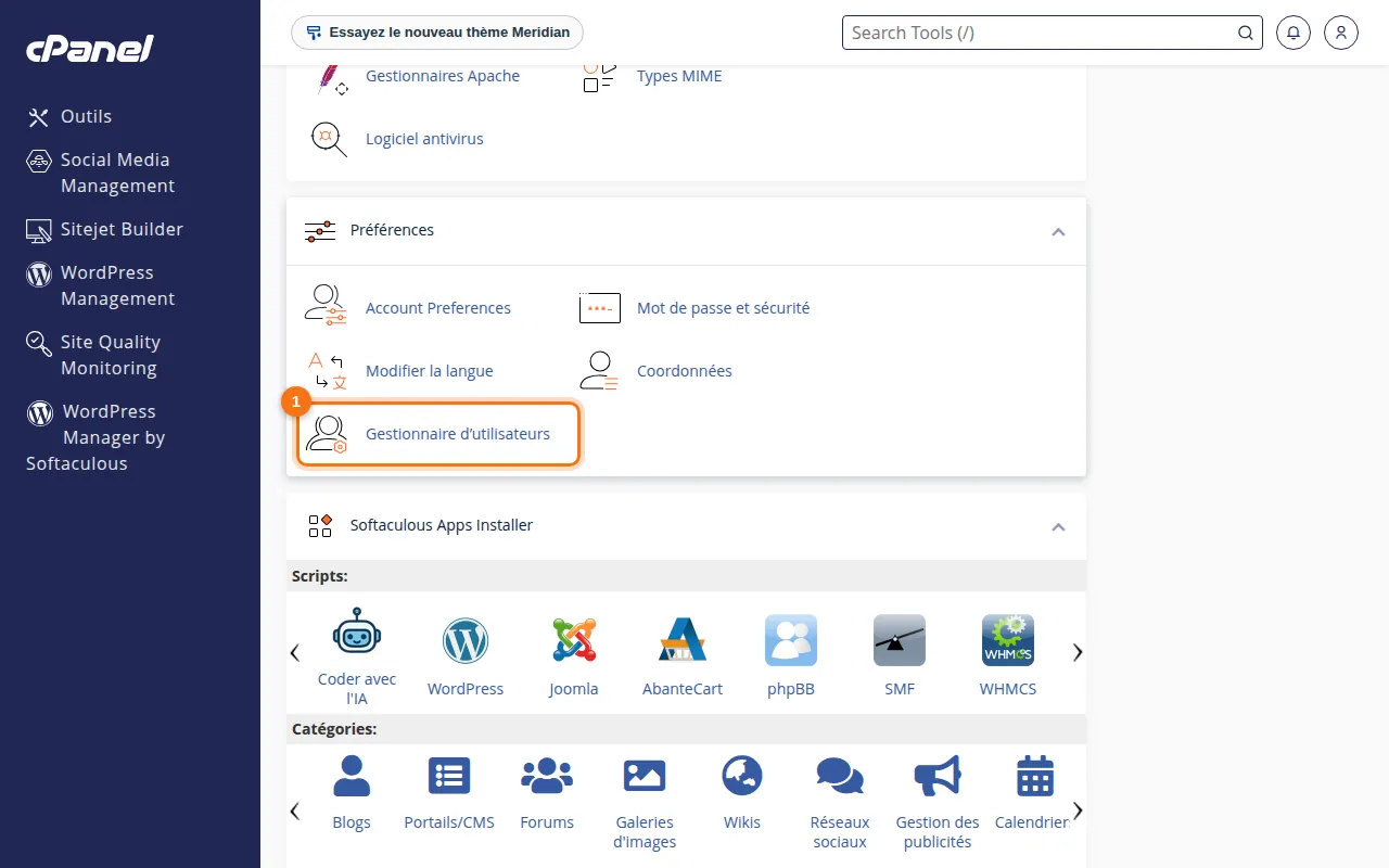 Emplacement de l'outil Gestionnaire d’utilisateurs dans cPanel