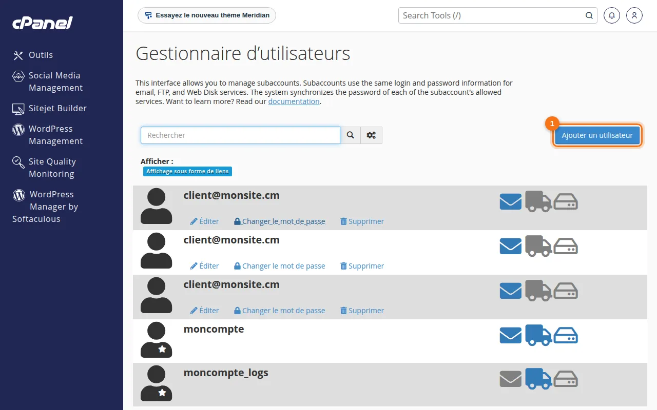 Interface de l'outil Gestionnaire d’utilisateurs dans cPanel
