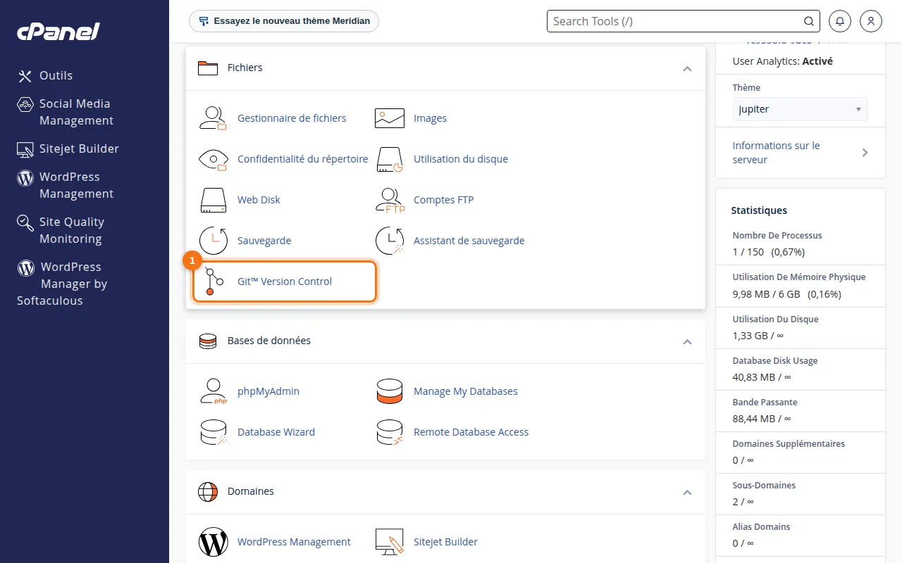 Emplacement de l'outil Git™ Version Control dans cPanel