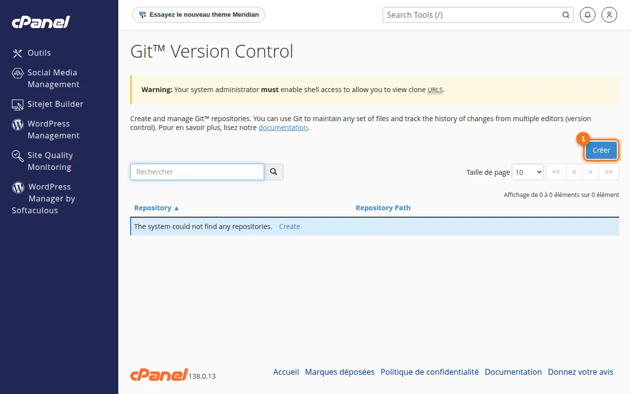 Interface de l'outil Git™ Version Control dans cPanel