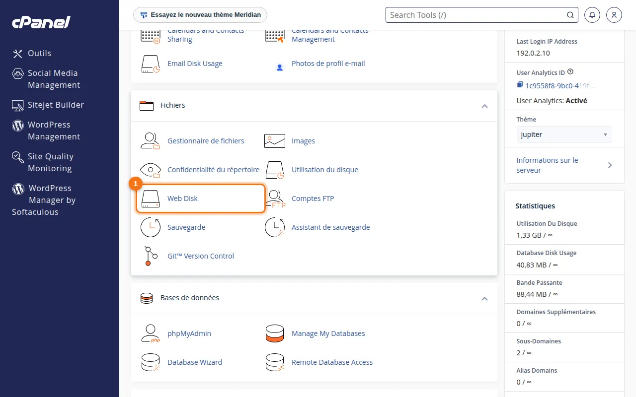 Emplacement de l'outil Web Disk dans cPanel