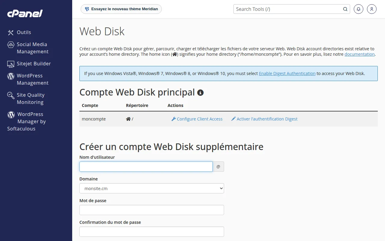 Interface de l'outil Web Disk dans cPanel