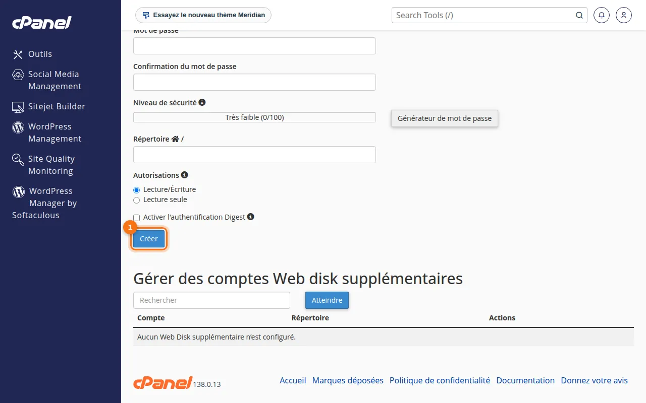 Suite de l'écran Web Disk