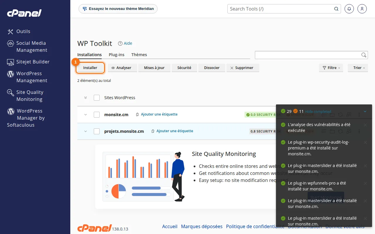Interface de l'outil WordPress Management dans cPanel