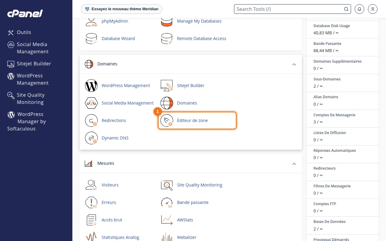 Emplacement de l'outil Éditeur de zone dans cPanel