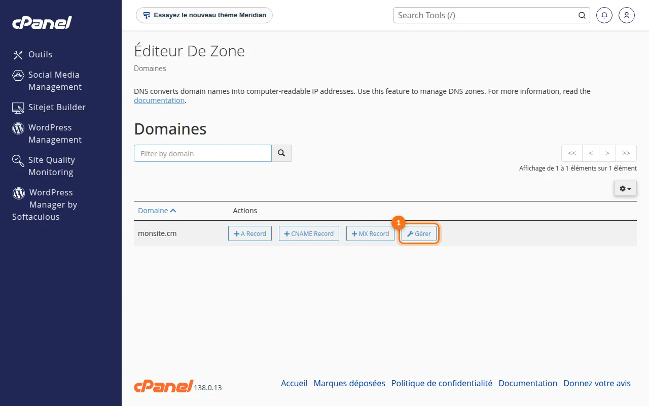 Interface de l'outil Éditeur de zone dans cPanel