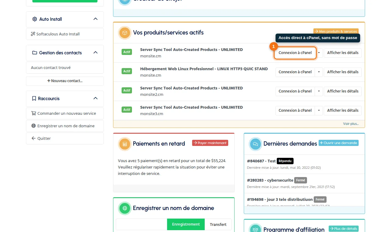 Depuis l'accueil de l'espace client, le bouton « Connexion à cPanel » ouvre cPanel sans mot de passe.