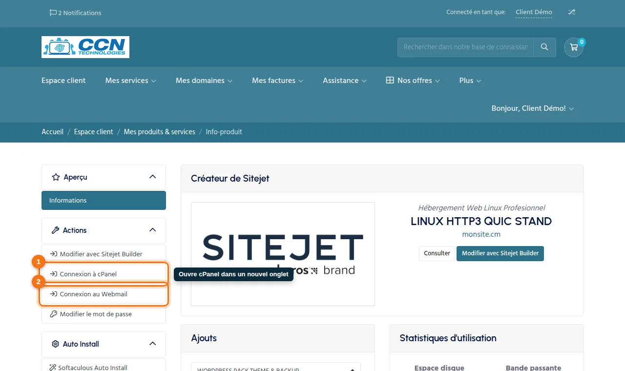 Dans l'espace client, ouvrez votre hébergement