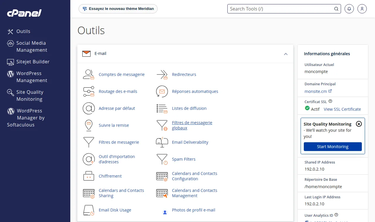 Page d'accueil Outils de cPanel avec les sections E-mail et Informations générales