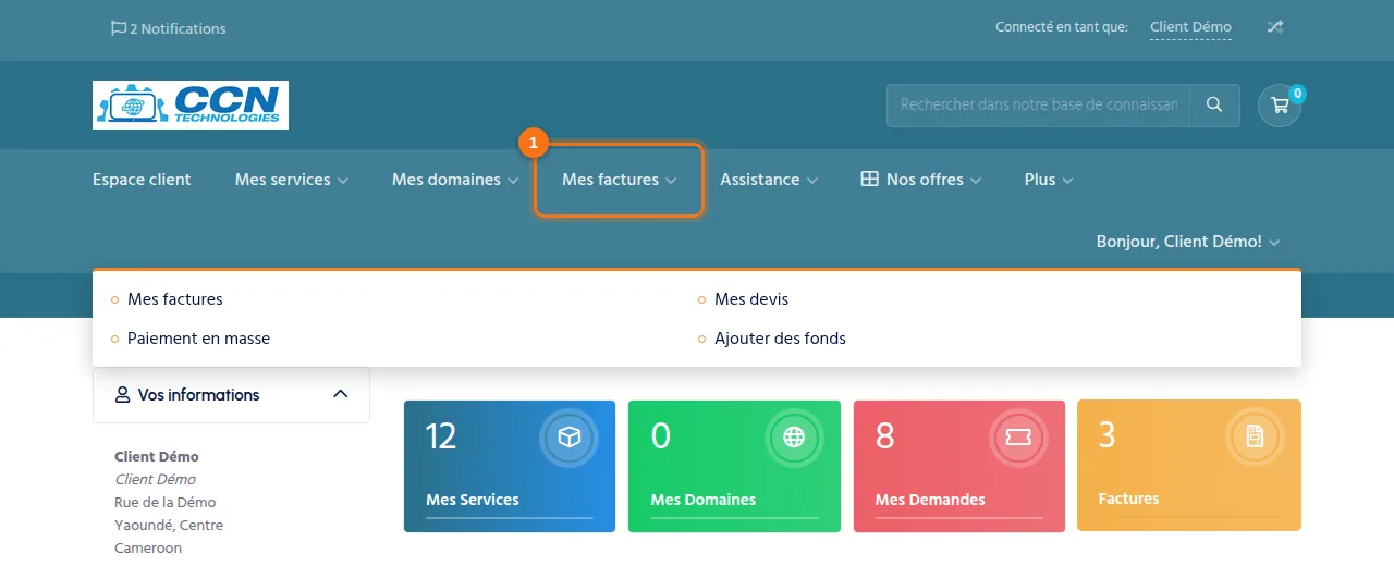 Menu Mes factures ouvert avec Mes factures, Mes devis, Paiement en masse et Ajouter des fonds