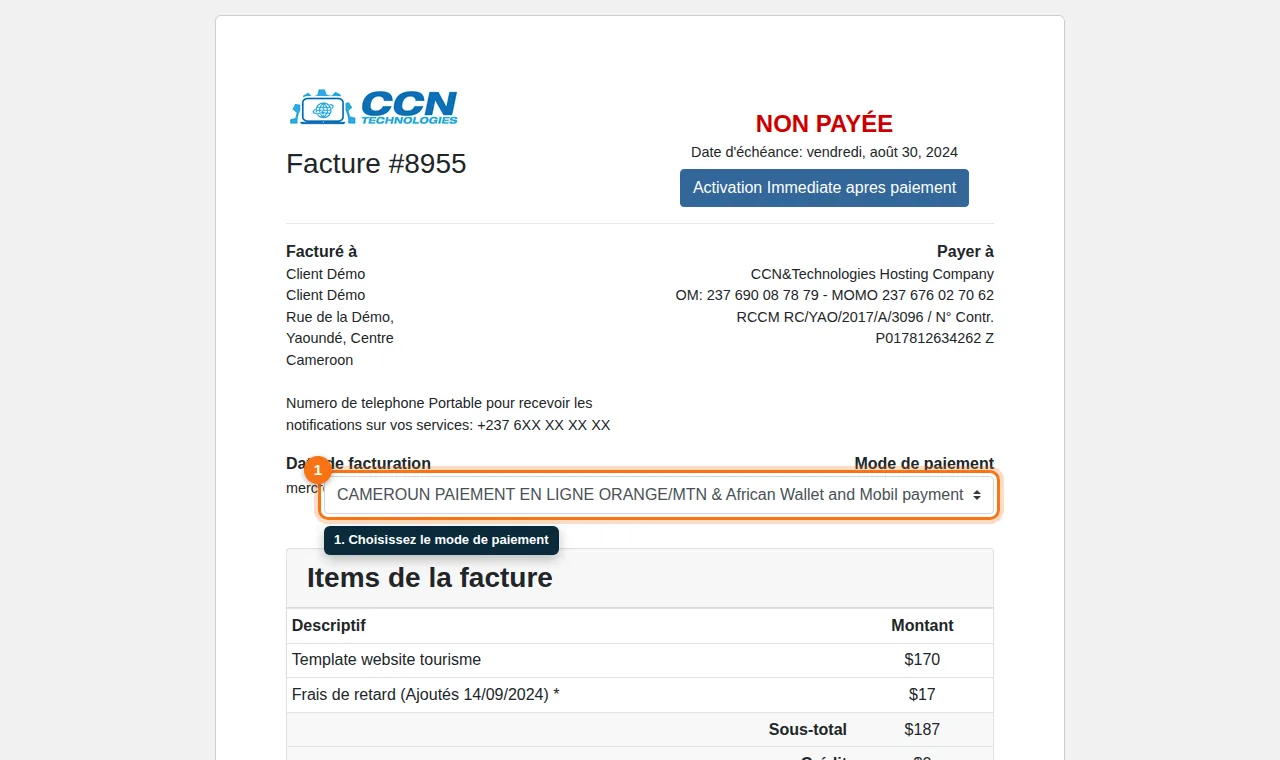 Facture non payée avec la liste déroulante du mode de paiement