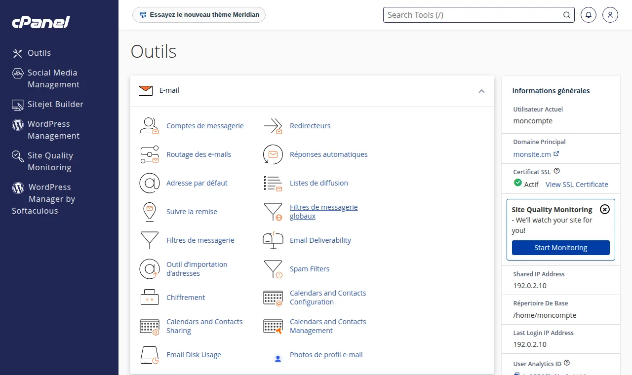 Page d'accueil Outils de cPanel