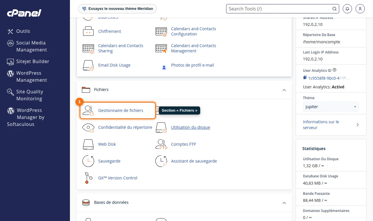 Outil Gestionnaire de fichiers dans la section Fichiers de cPanel