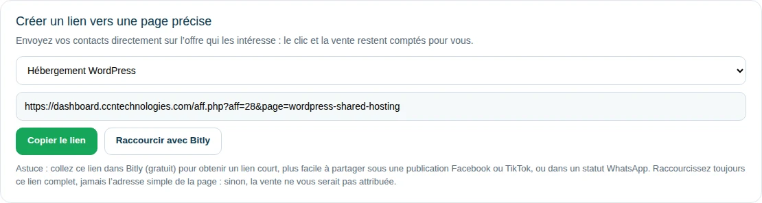 Bloc Créer un lien vers une page précise du tableau de bord affilié